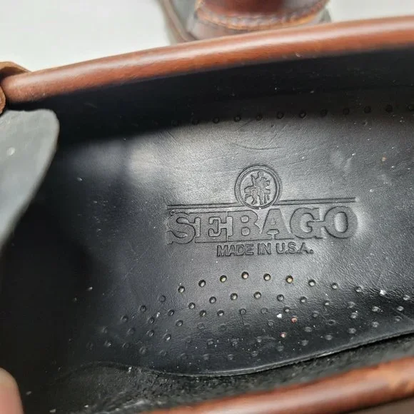 Sebago Mens Shoes Penny Loafers Navy Blue Canvas Brown Leather 10 M w Stretchers
